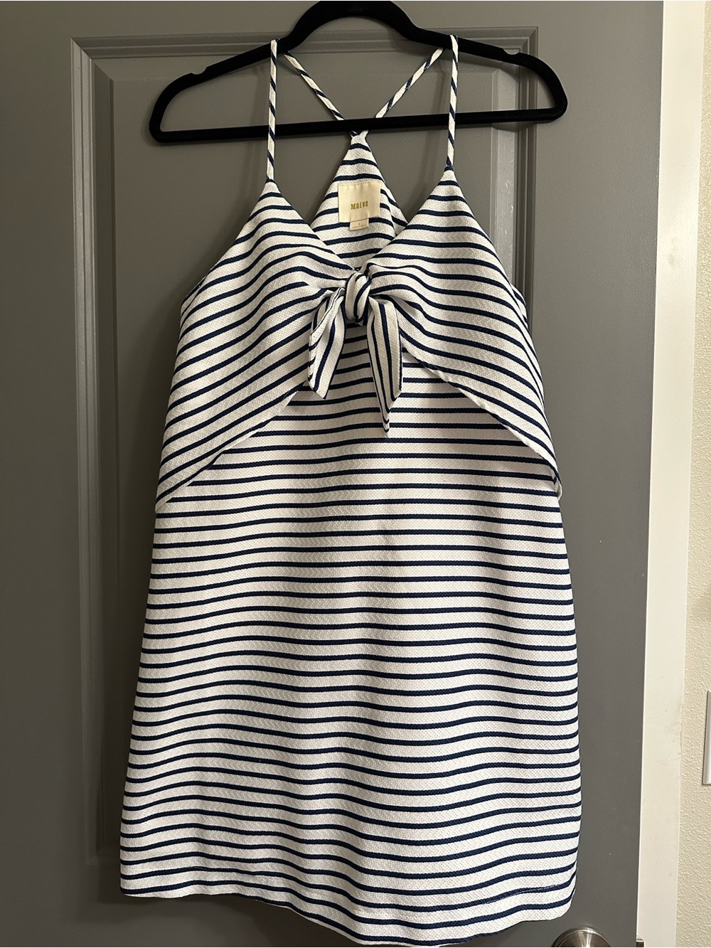Maeve Blue and White Striped Halter Dress with Front Tie